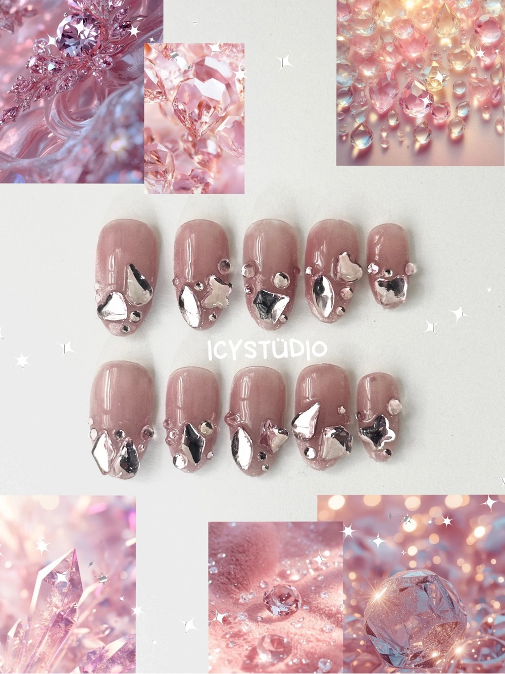 Studio Dusty Rose Press-On Nails with Silver Chrome Accents